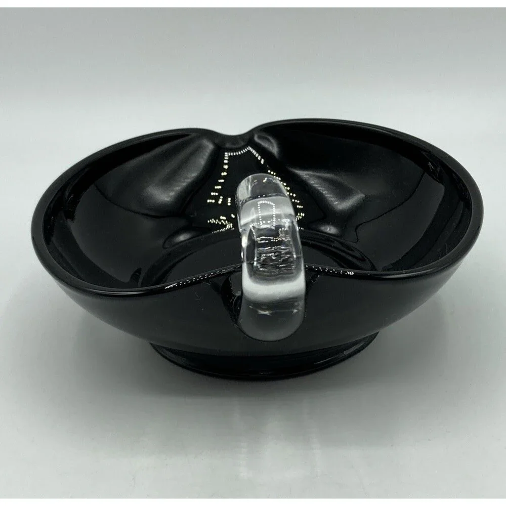 Vtg Black Glass Heart Candy Trinket Nappy Dish Applied Clear Loop Handle 6.25”